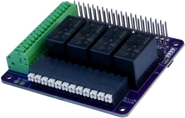 Close-up view of the qPIO Raspberry Pi IO HAT with 8 isolated input and 4 relay output.
