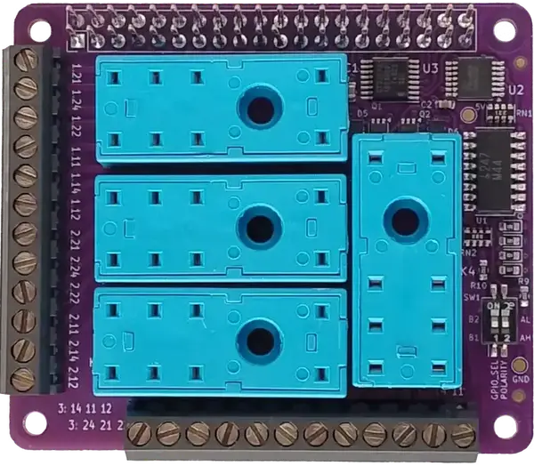 qRecon Flex Relay HAT top view, showing 4 user-replaceable relay sockets and terminal blocks.