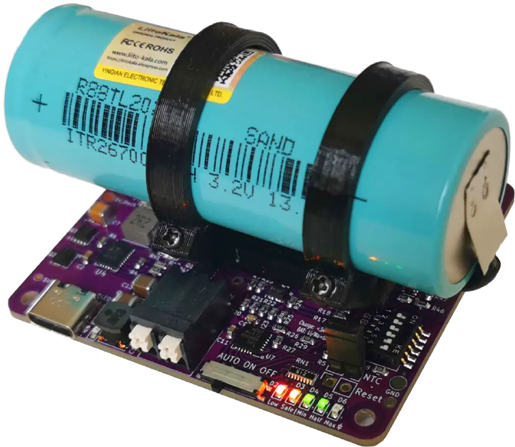 Close-up view of the qUPS-P-BC Raspberry Pi UPS HAT with blue LiFePo4 battery