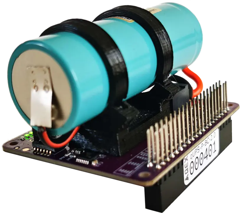 Close-up view of the qUPS-P-BC Raspberry Pi UPS HAT with blue LiFePo4 battery