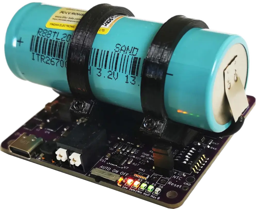 Close-up view of the qUPS-P-BC Raspberry Pi UPS HAT with blue LiFePo4 battery