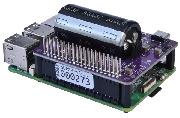 qUPS-P-SC Raspberry Pi UPS HAT with large supercapacitor shown mounted on a Pi.