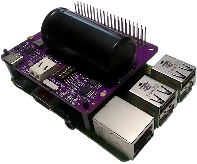 qUPS-P-SC Raspberry Pi UPS HAT with large supercapacitor shown mounted on a Pi.