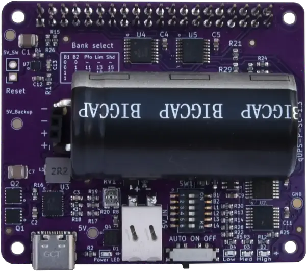 qUPS-P-SC HAT top view: Large supercapacitor clearly visible with I/O terminals and switches.