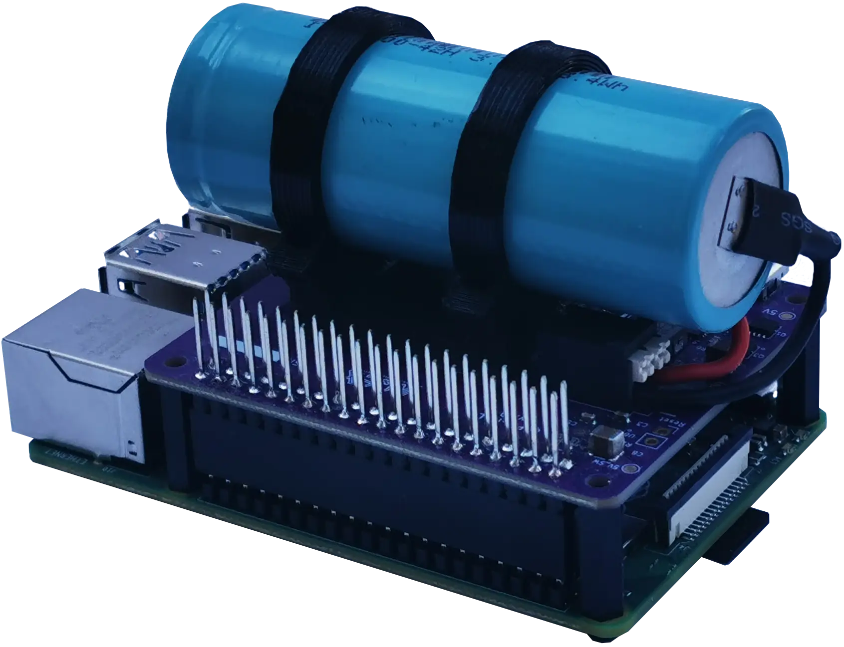 Close-up view of the Stubborn Stamina LF UPF HAT assembled on top of the Raspberry Pi with blue LiFePo4 battery